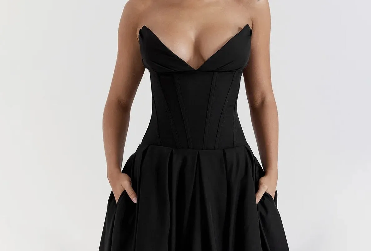 A&A Luxe V Neck Strapless Pleated Dress