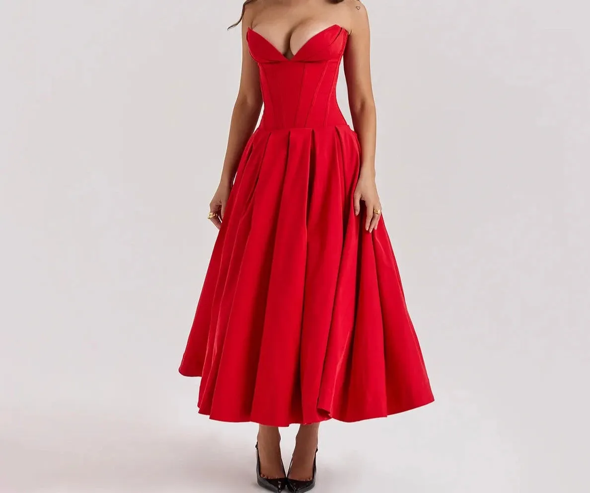 A&A Luxe V Neck Strapless Pleated Dress