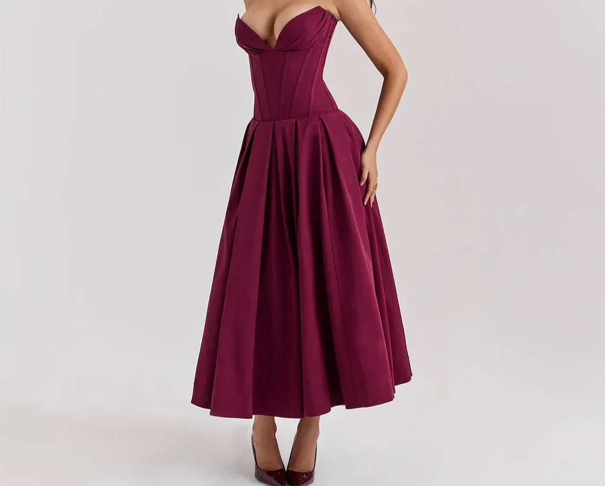 A&A Luxe V Neck Strapless Pleated Dress