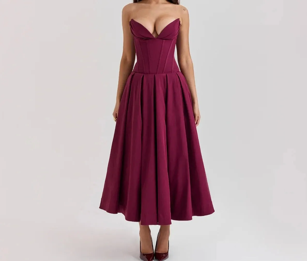 A&A Luxe V Neck Strapless Pleated Dress