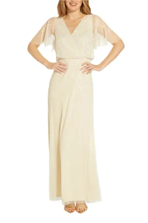 Adrianna Papell V Neck Beaded Flutter Sleeves Back Zipper Long Chiffon Dress