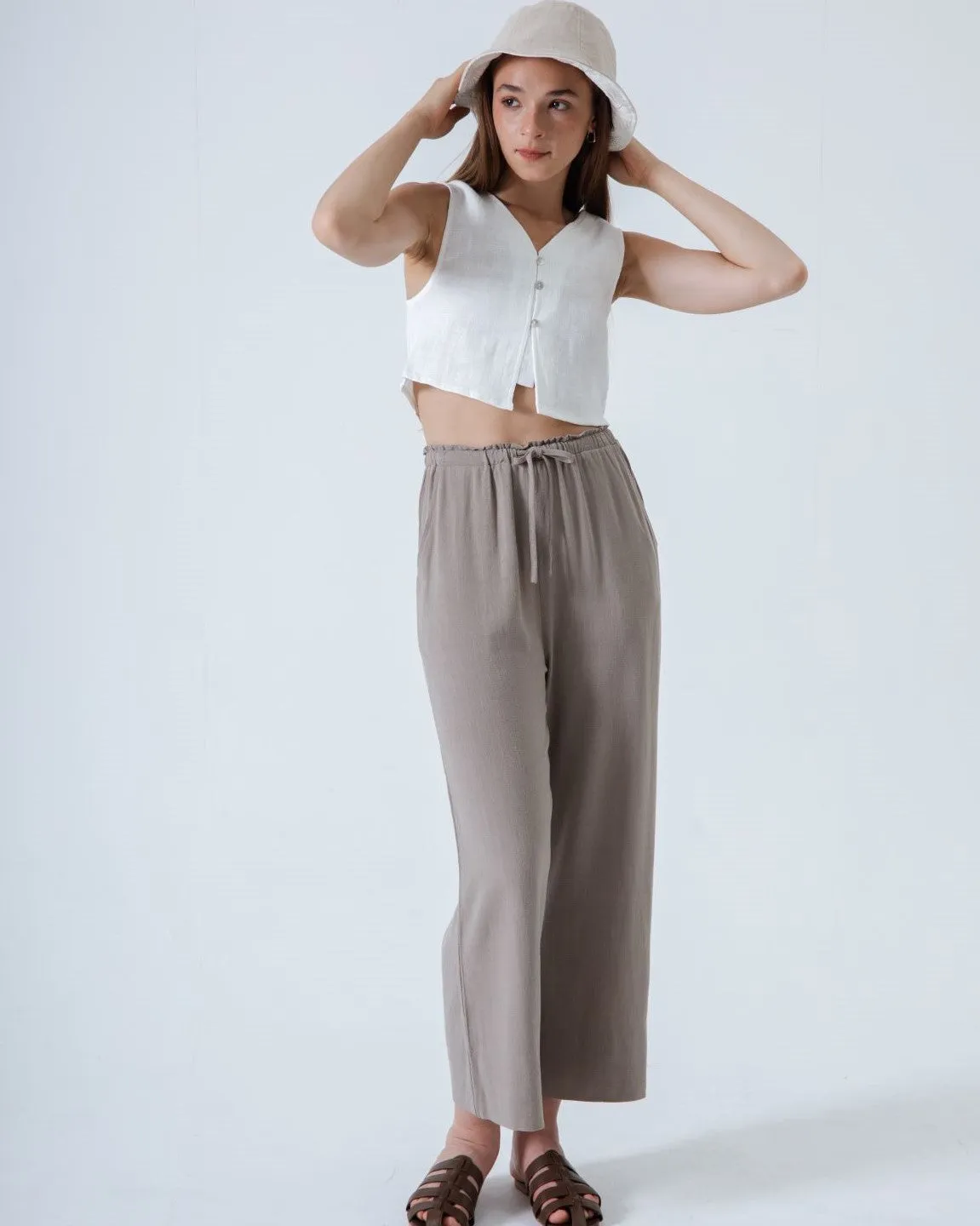 Alexa Linen Drawstring Trousers (Khaki Grey)