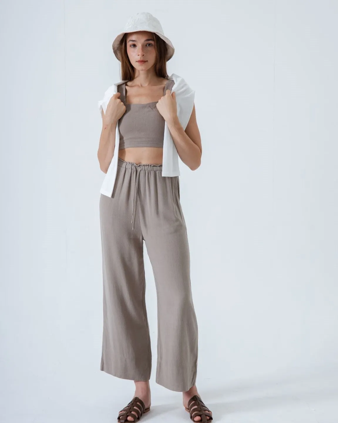 Alexa Linen Drawstring Trousers (Khaki Grey)