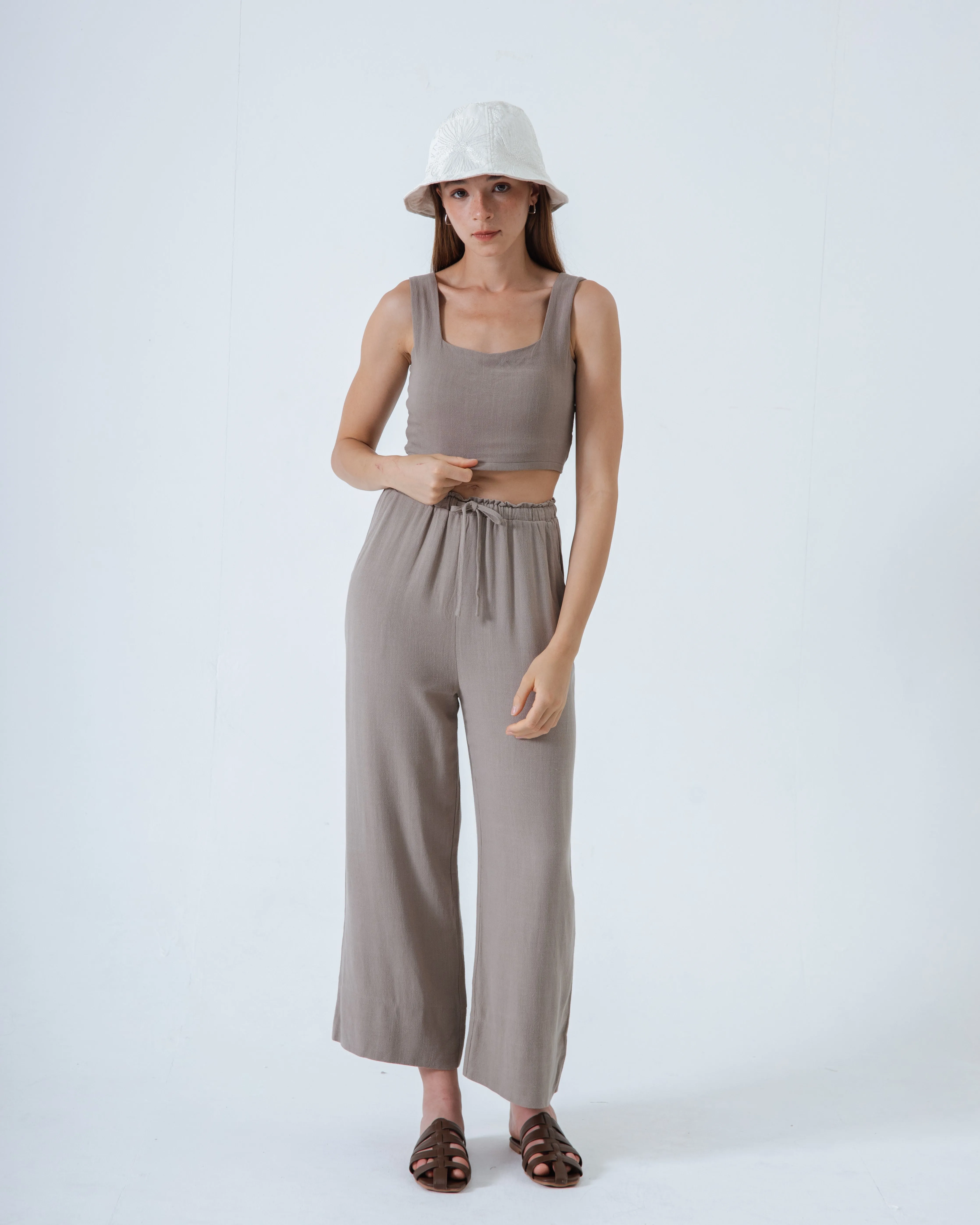 Alexa Linen Drawstring Trousers (Khaki Grey)