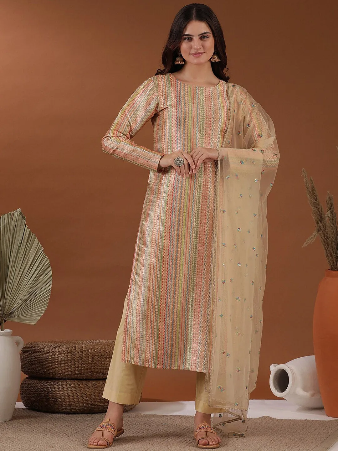 Beige Striped Embroidered Round Neck Thread Work Kurta with Trousers & With Dupatta