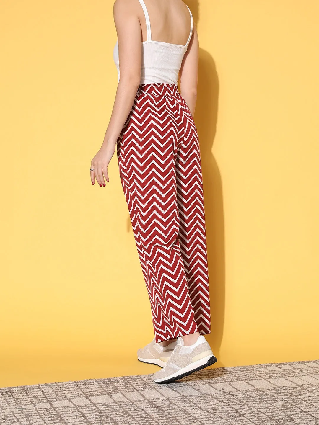 Berrylush Women Red & White Chevron Printed High-Rise Elastic Waist Pleated Trousers