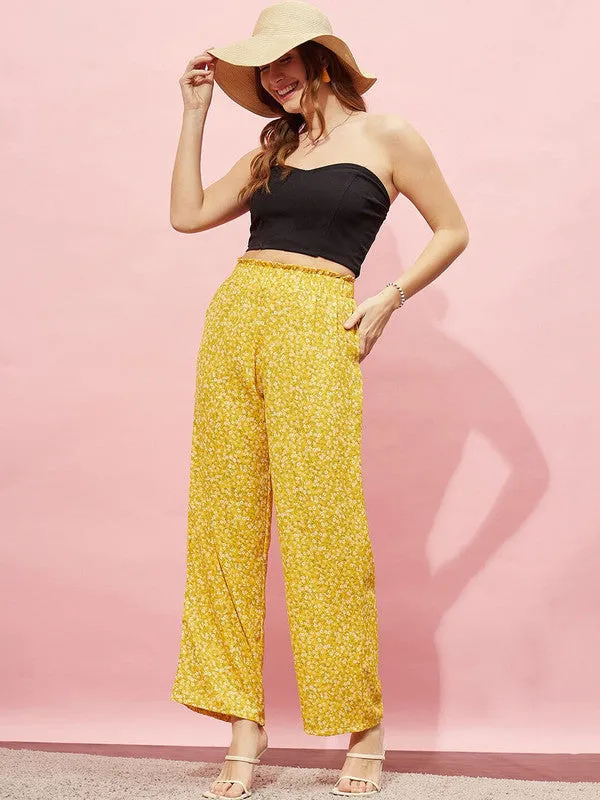 Berrylush Women Yellow & White Floral Printed High-Rise Waist Slip-On Smocked Regular Parallel Trousers