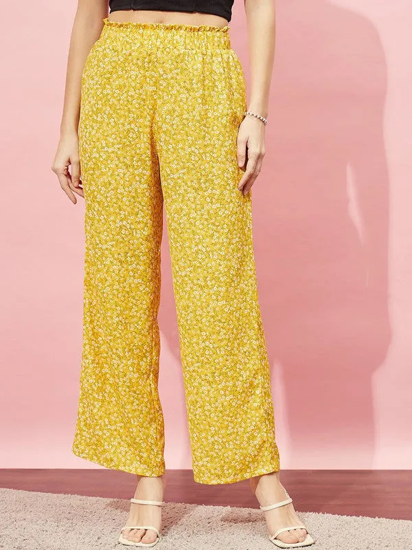 Berrylush Women Yellow & White Floral Printed High-Rise Waist Slip-On Smocked Regular Parallel Trousers