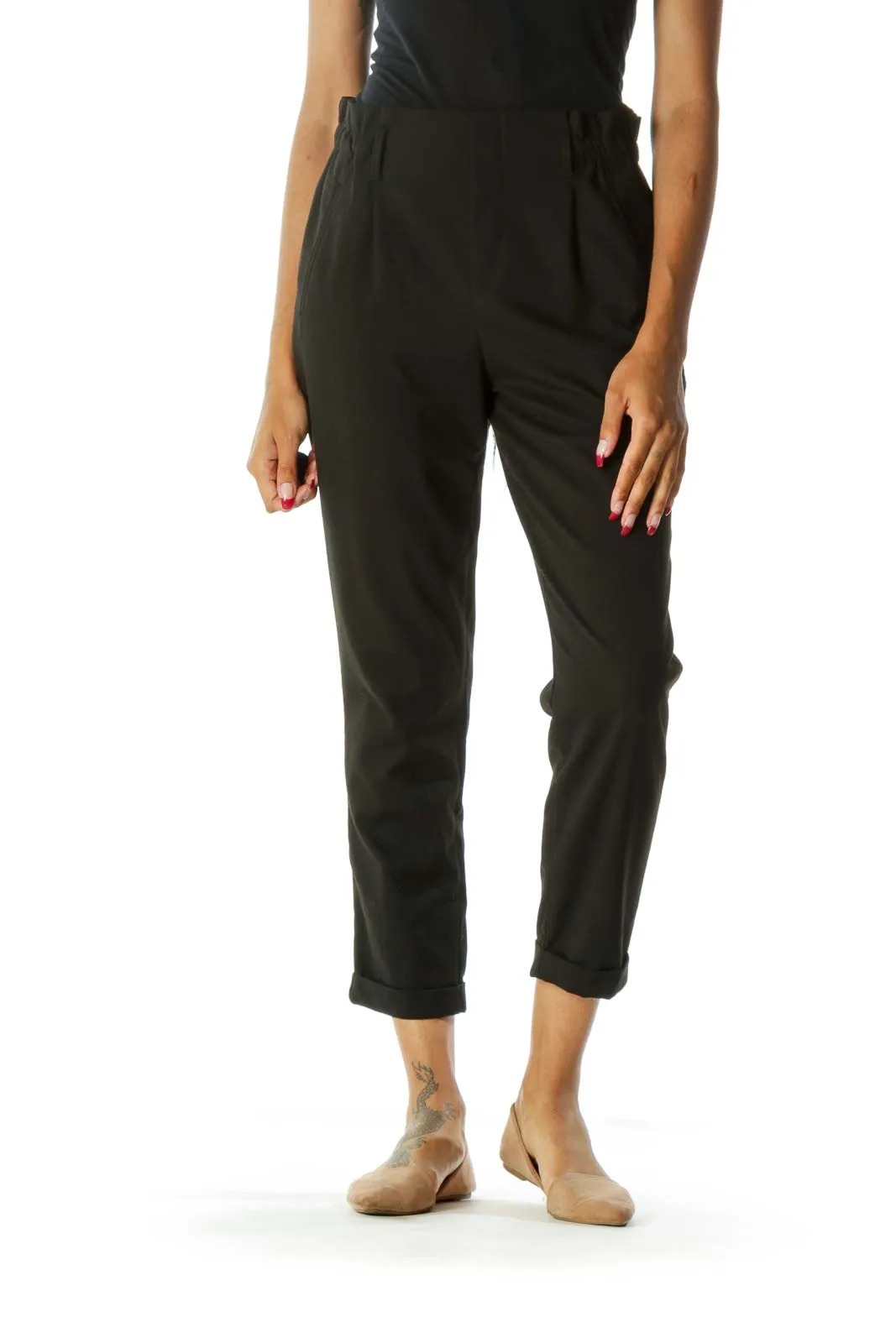 Black High-Waisted Cuffed Tapered Pant w/ Belt Loops