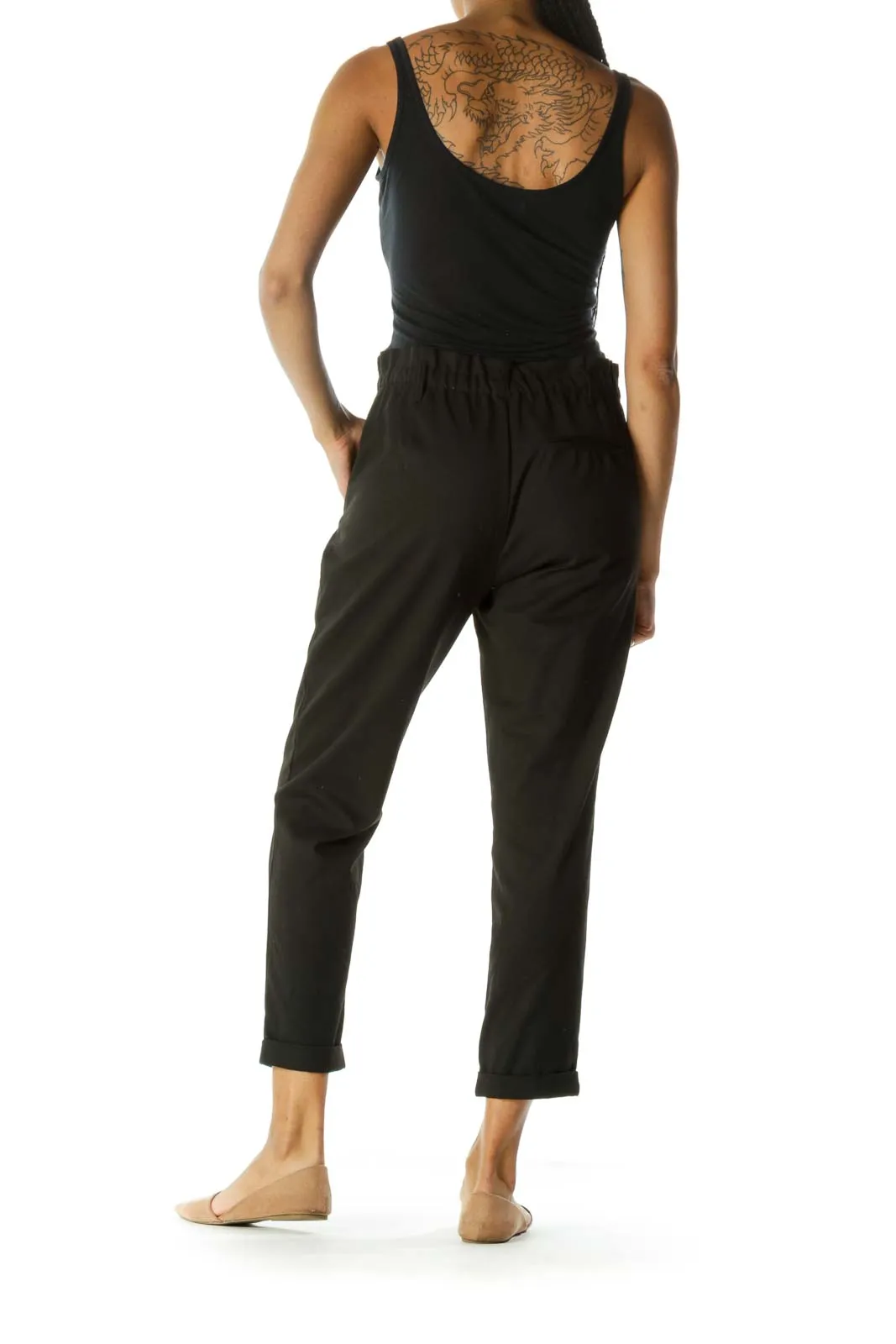 Black High-Waisted Cuffed Tapered Pant w/ Belt Loops