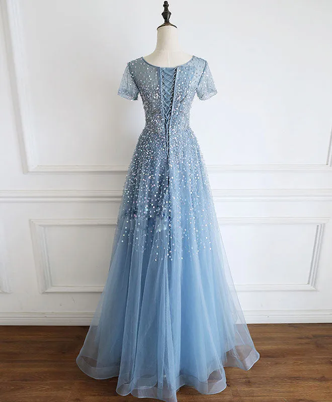 Blue Round Neck Tulle Sequin Beads Long Prom Dress Blue Tulle Formal Dress