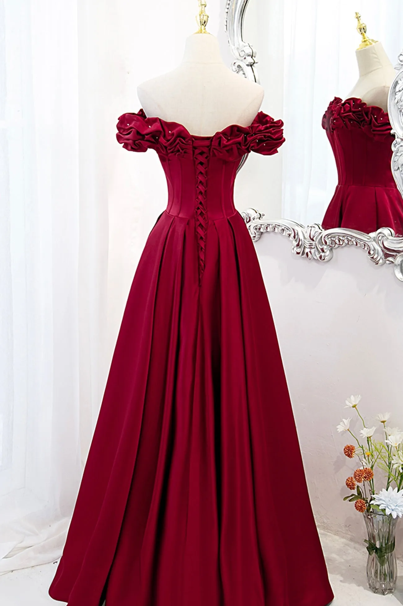 Burgundy Satin Off the Shoulder Beaded Long Formal Dress, Burgundy A-Line Prom Dress