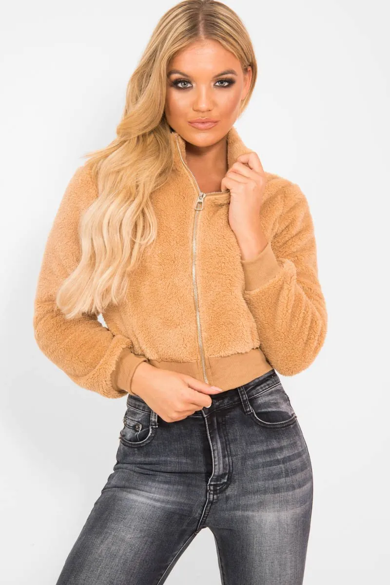 Camel Zip Front Faux Fur Crop Jacket - Perri