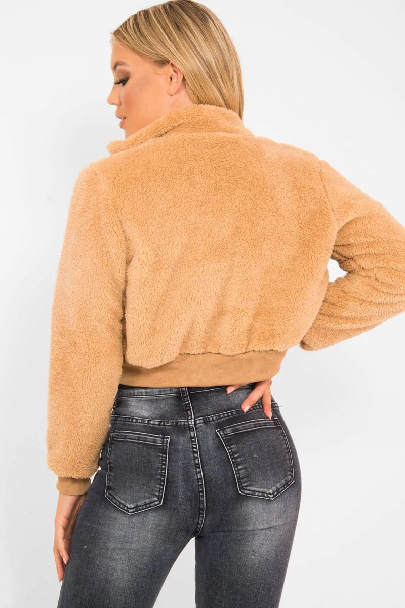 Camel Zip Front Faux Fur Crop Jacket - Perri