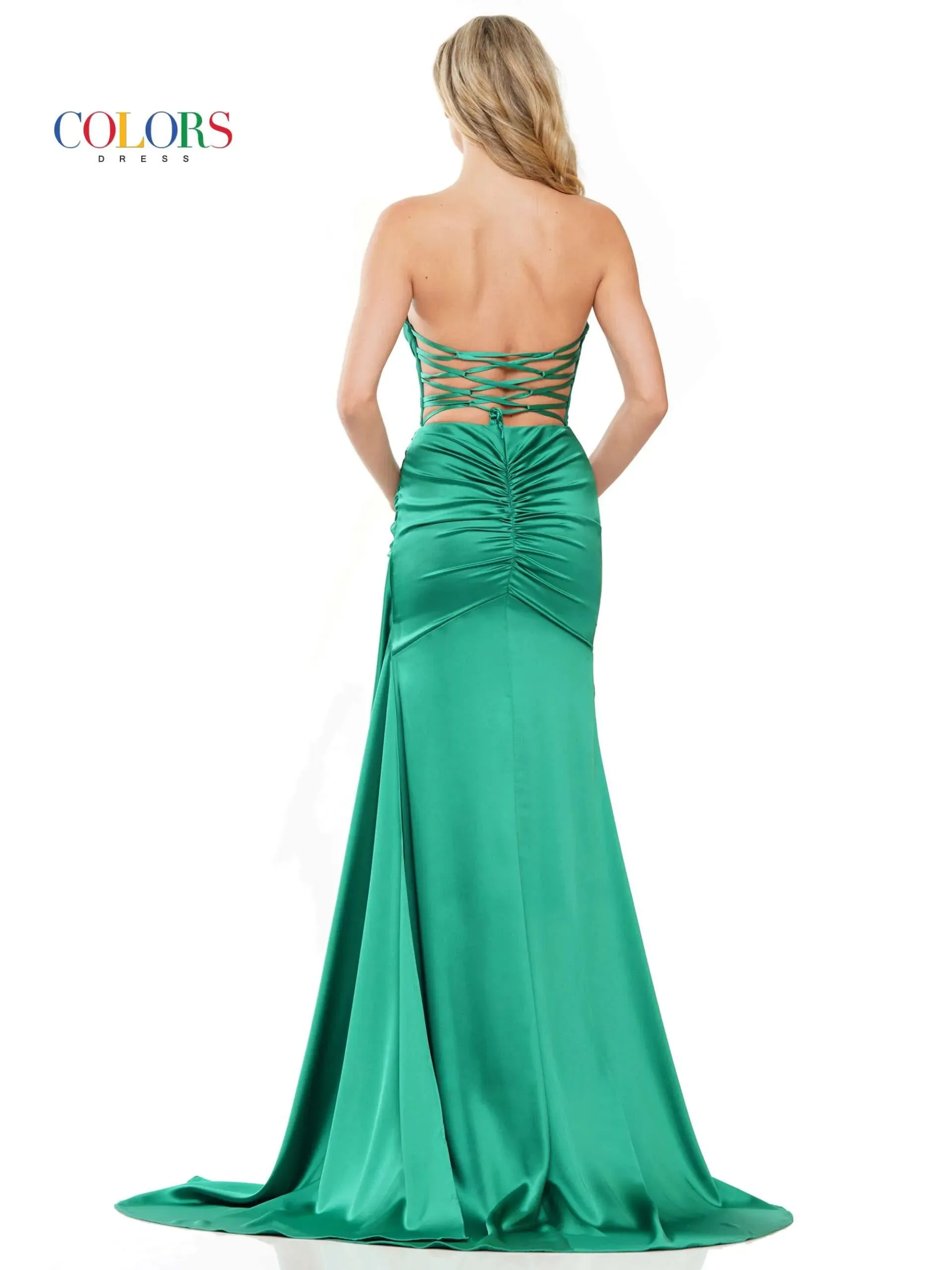 Colors Dress 2968 Long Prom Dress Fitted Satin High Slit Ruching Formal Pageant Gown