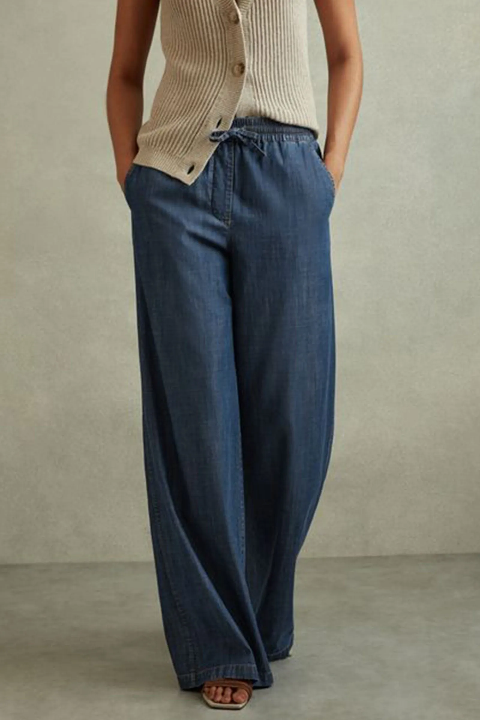 Denim Look Wide Leg Trousers- Mid blue