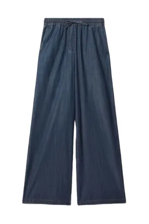 Denim Look Wide Leg Trousers- Mid blue