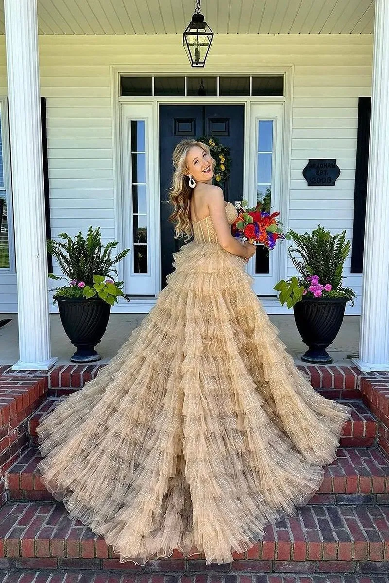 Elegant Ball Gown Long Strapless Gold Ruffle Tiered Tulle Prom Dresses