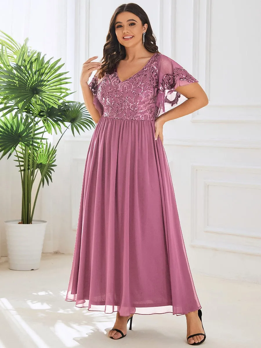 Elegant V-Neck Sequin A-Line Short Sleeves Chiffon Midi Formal Dress