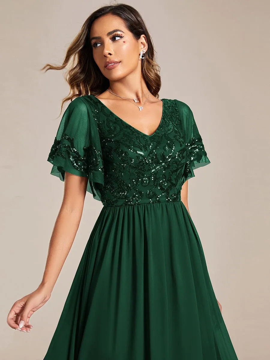 Elegant V-Neck Sequin A-Line Short Sleeves Chiffon Midi Formal Dress