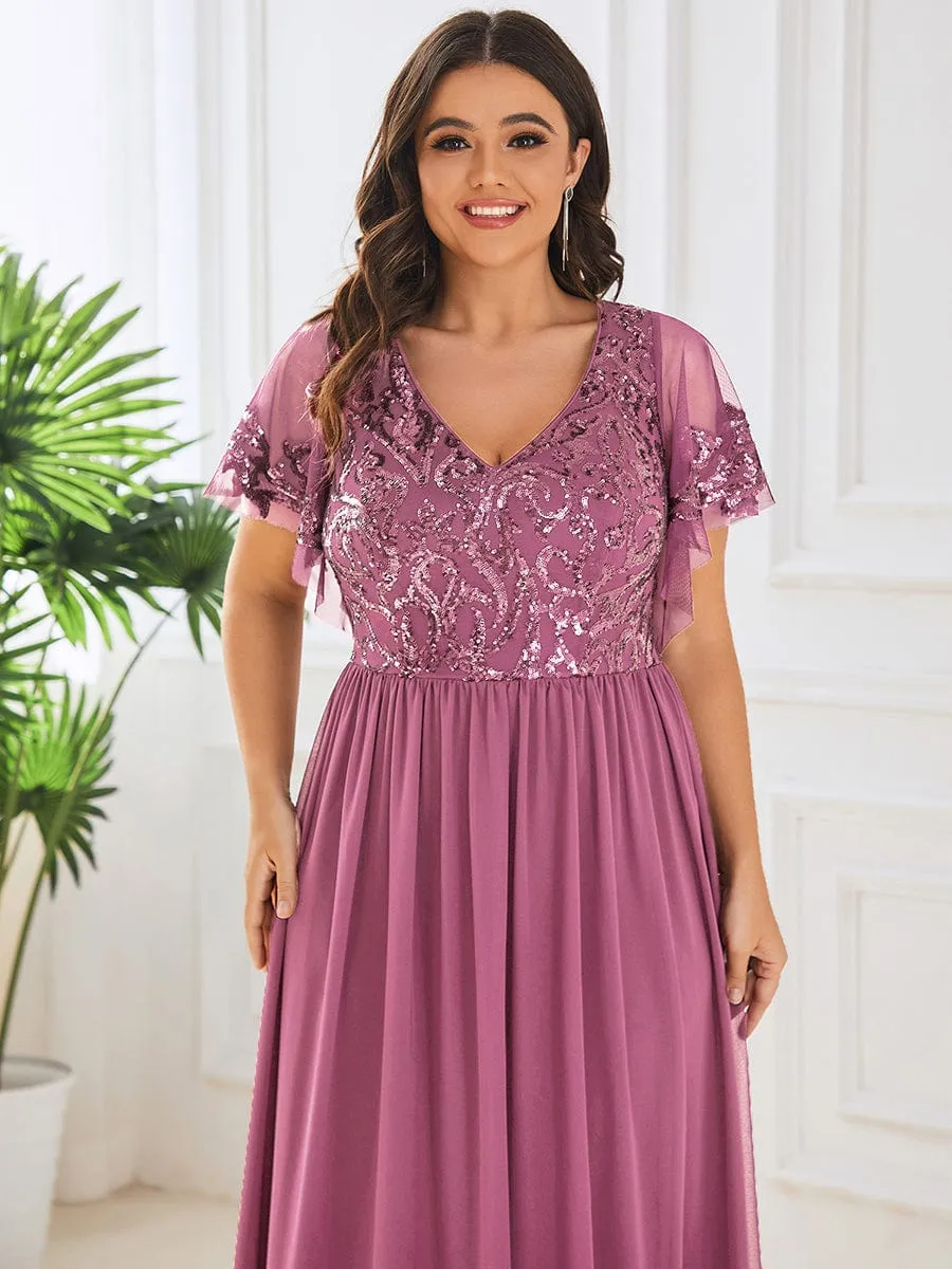 Elegant V-Neck Sequin A-Line Short Sleeves Chiffon Midi Formal Dress