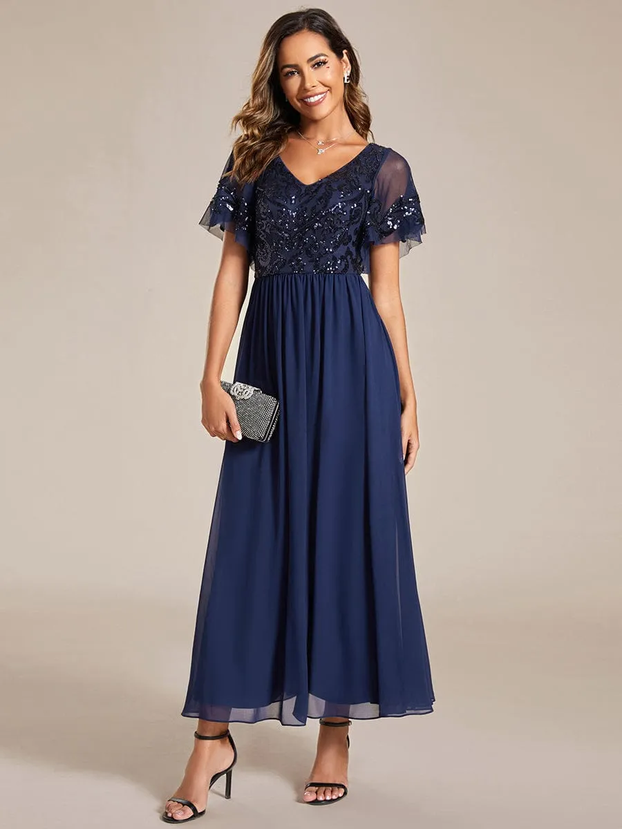 Elegant V-Neck Sequin A-Line Short Sleeves Chiffon Midi Formal Dress