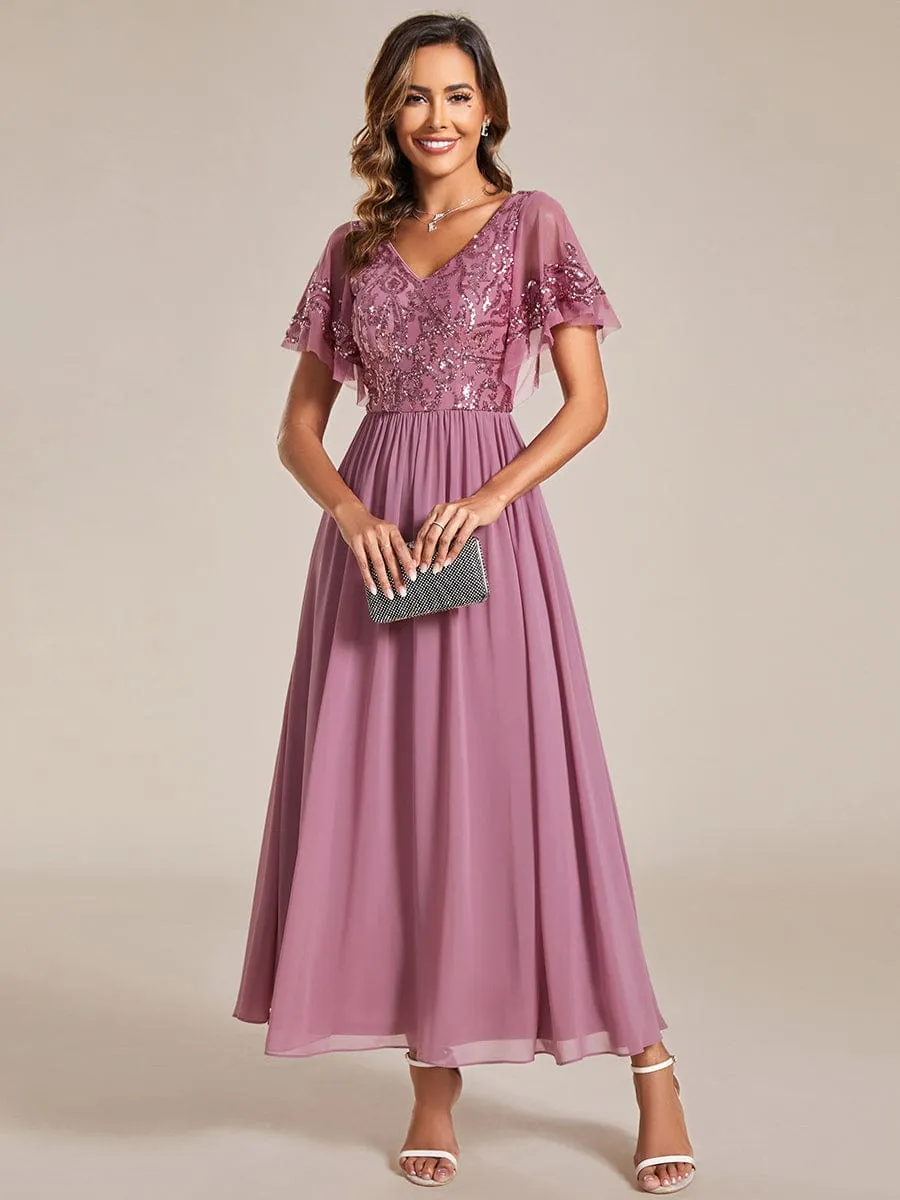 Elegant V-Neck Sequin A-Line Short Sleeves Chiffon Midi Formal Dress