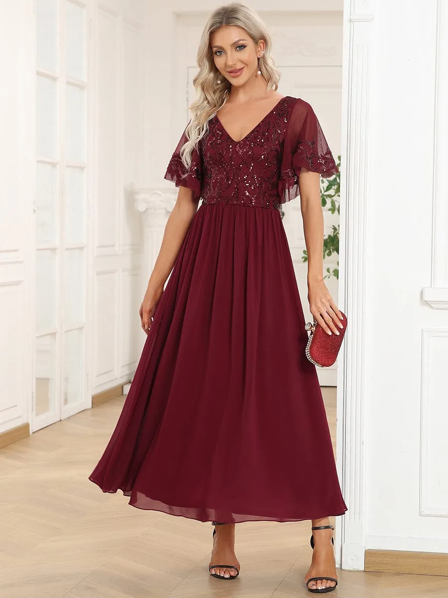 Elegant V-Neck Sequin A-Line Short Sleeves Chiffon Midi Formal Dress