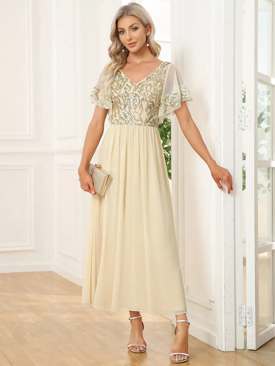 Elegant V-Neck Sequin A-Line Short Sleeves Chiffon Midi Formal Dress