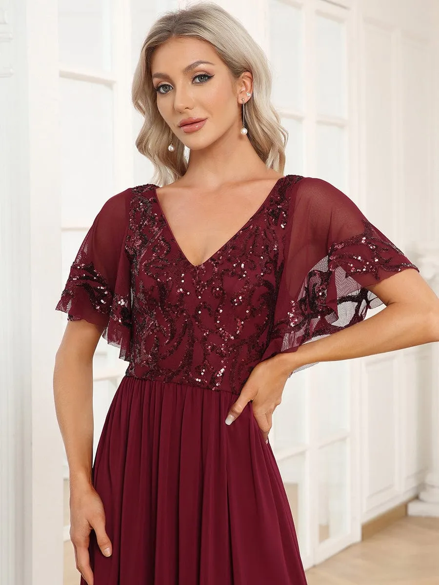 Elegant V-Neck Sequin A-Line Short Sleeves Chiffon Midi Formal Dress