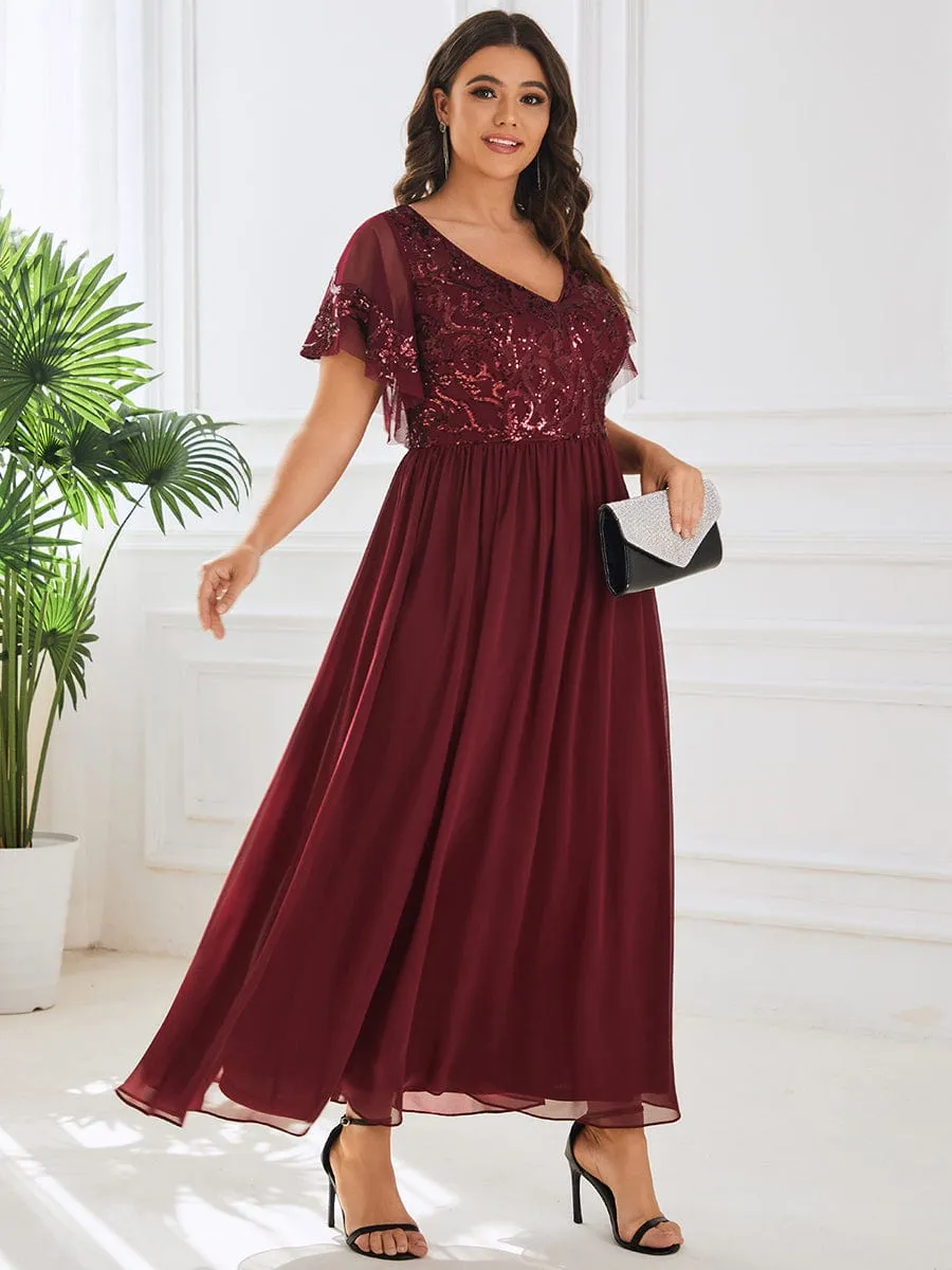 Elegant V-Neck Sequin A-Line Short Sleeves Chiffon Midi Formal Dress