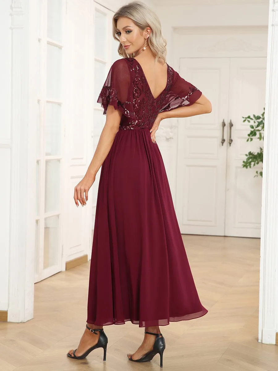 Elegant V-Neck Sequin A-Line Short Sleeves Chiffon Midi Formal Dress