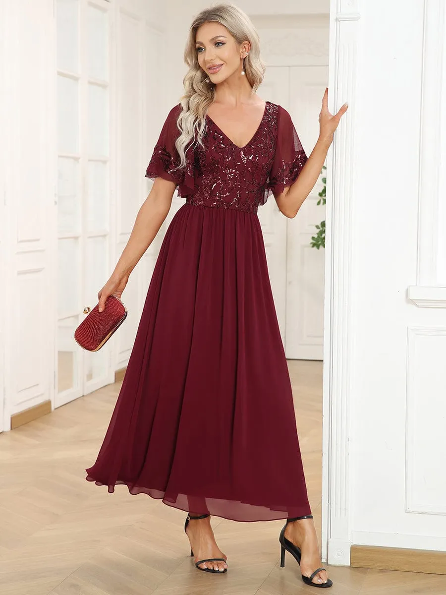 Elegant V-Neck Sequin A-Line Short Sleeves Chiffon Midi Formal Dress