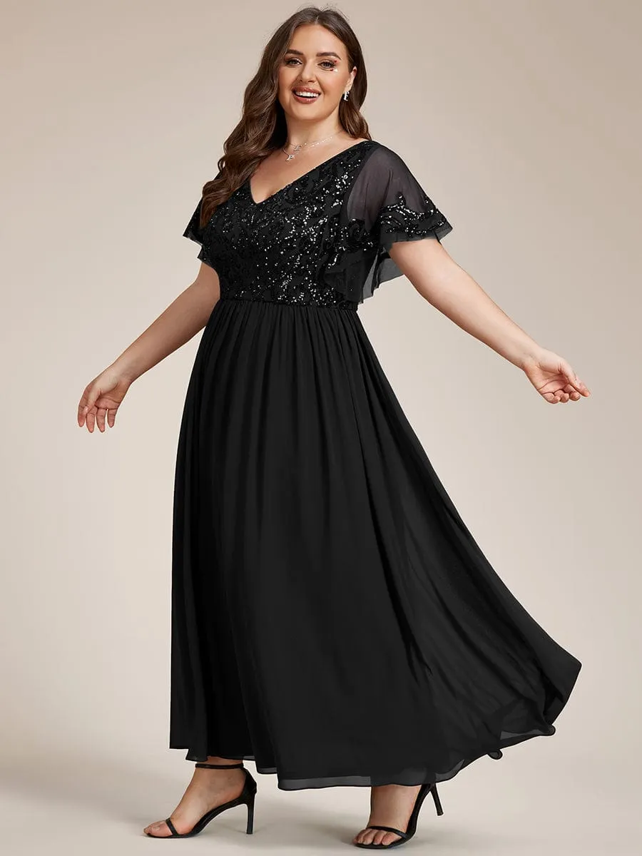 Elegant V-Neck Sequin A-Line Short Sleeves Chiffon Midi Formal Dress