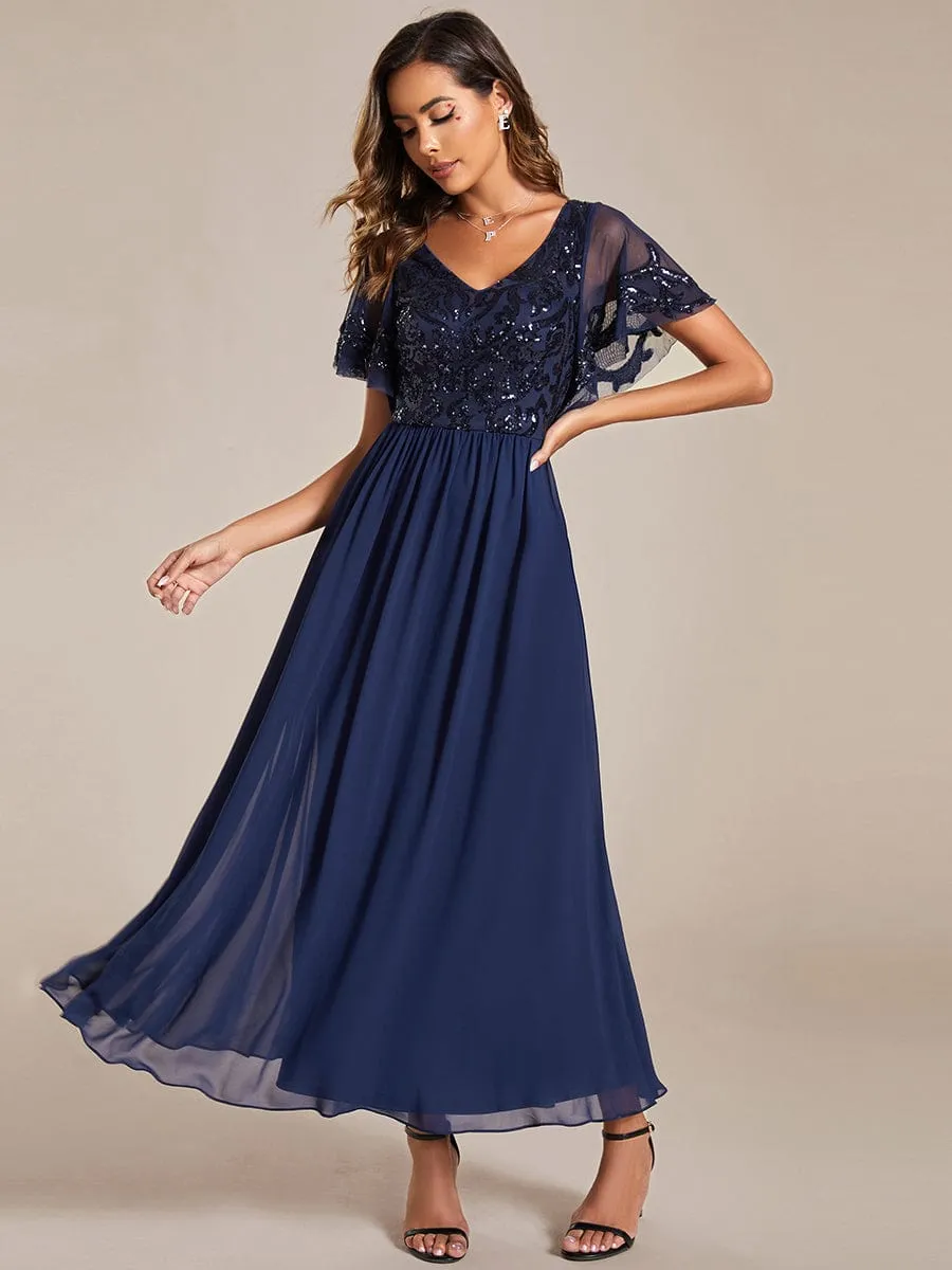 Elegant V-Neck Sequin A-Line Short Sleeves Chiffon Midi Formal Dress