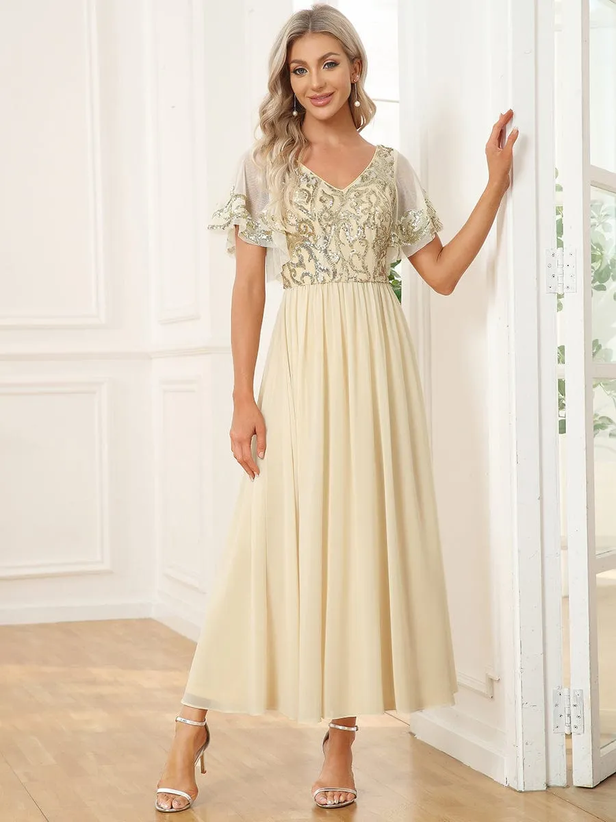 Elegant V-Neck Sequin A-Line Short Sleeves Chiffon Midi Formal Dress