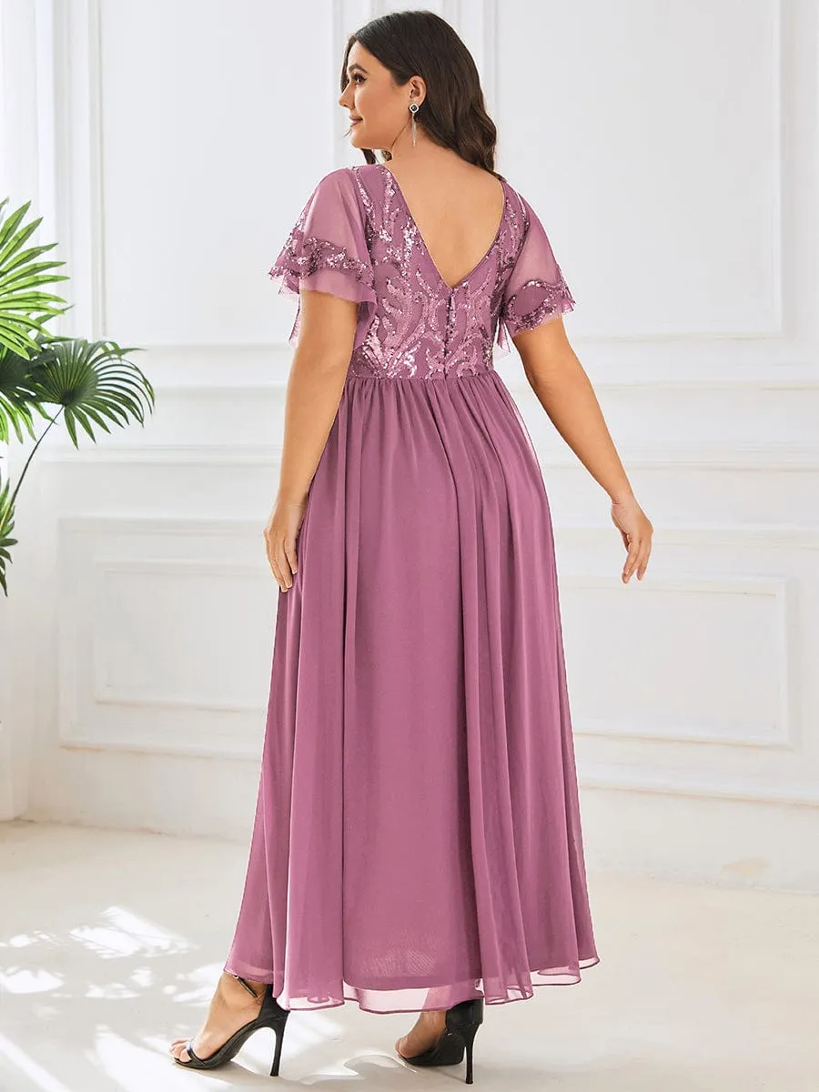 Elegant V-Neck Sequin A-Line Short Sleeves Chiffon Midi Formal Dress