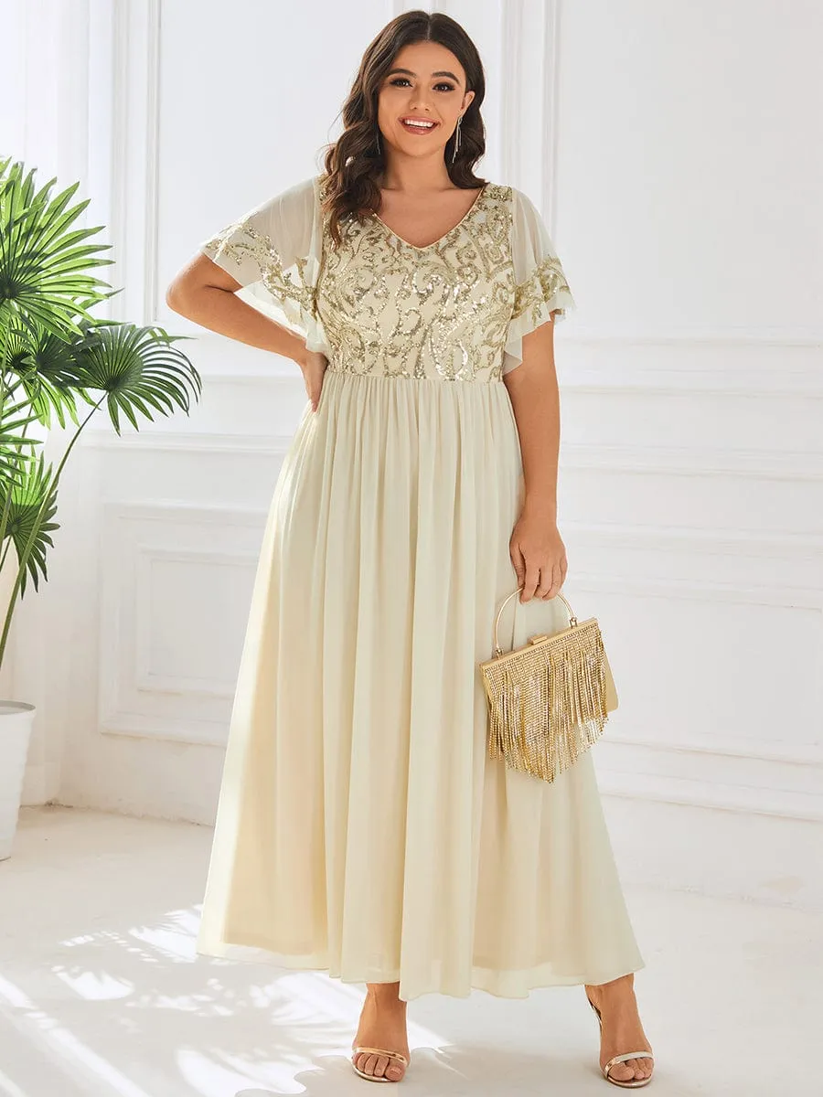 Elegant V-Neck Sequin A-Line Short Sleeves Chiffon Midi Formal Dress