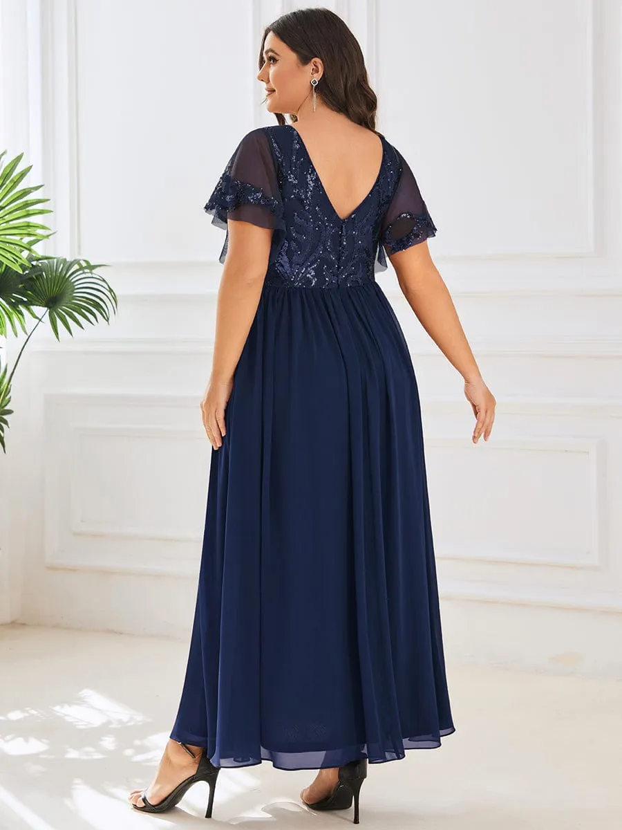 Elegant V-Neck Sequin A-Line Short Sleeves Chiffon Midi Formal Dress