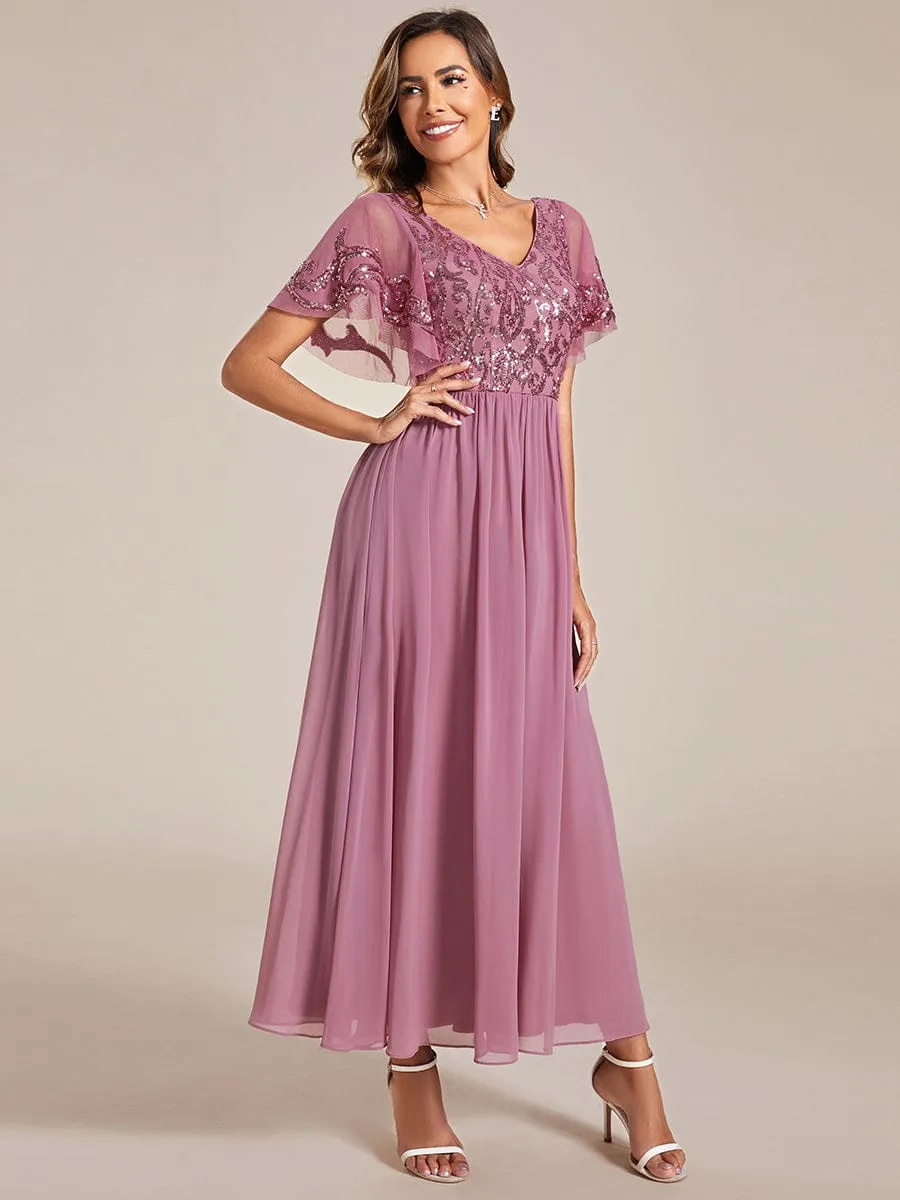 Elegant V-Neck Sequin A-Line Short Sleeves Chiffon Midi Formal Dress