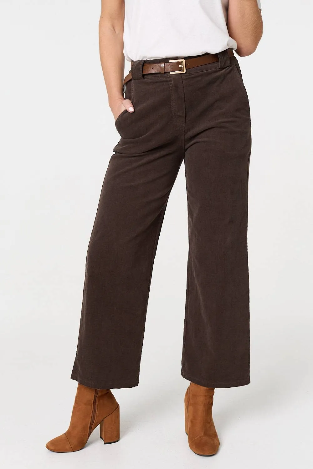 Faux Leather Belt Corduroy Trousers