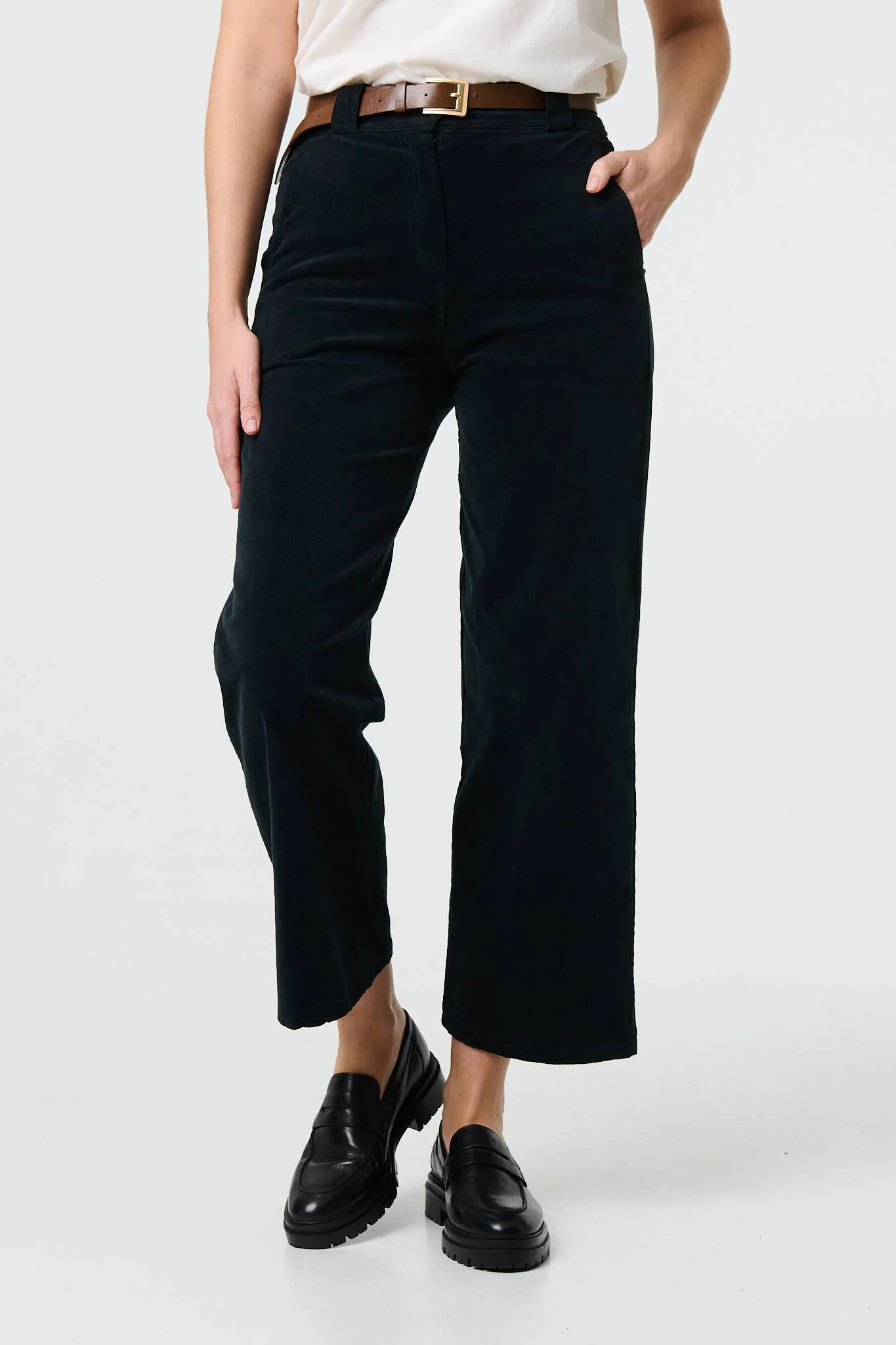 Faux Leather Belt Corduroy Trousers