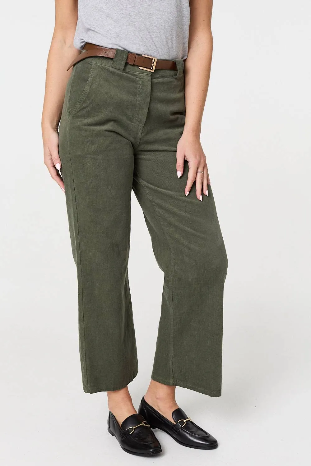 Faux Leather Belt Corduroy Trousers