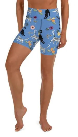 Feline & Flower Pattern Yoga Shorts