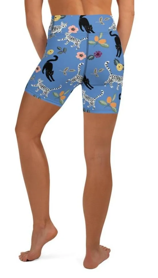 Feline & Flower Pattern Yoga Shorts