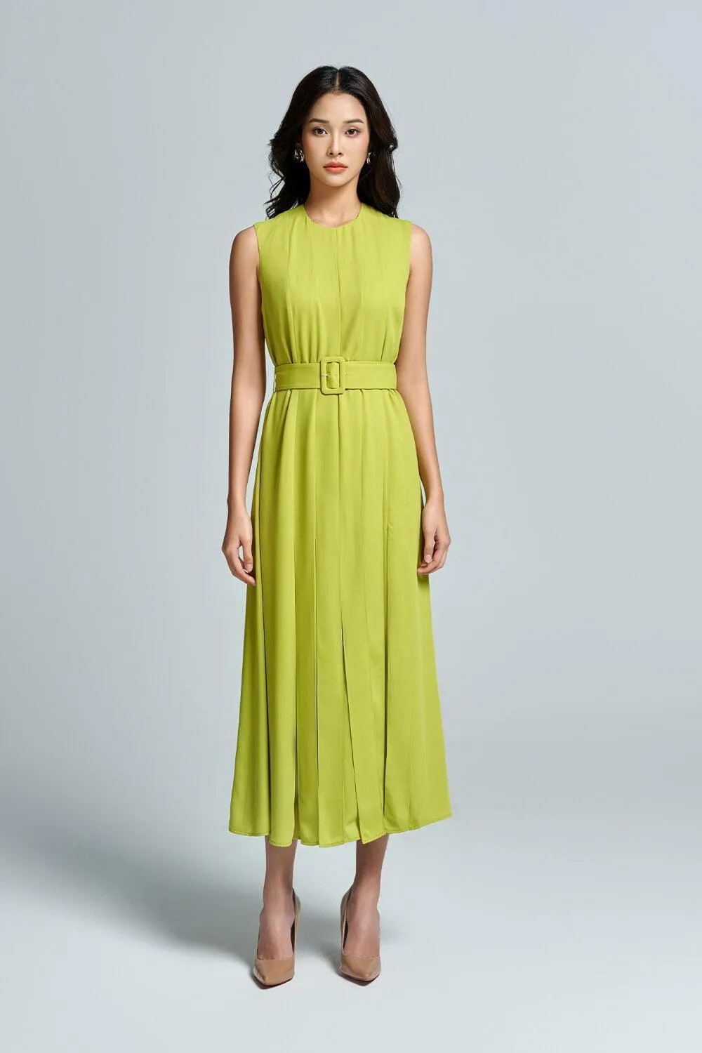 Fidelia Pleated Sleeveless Chiffon Calf Length Dress