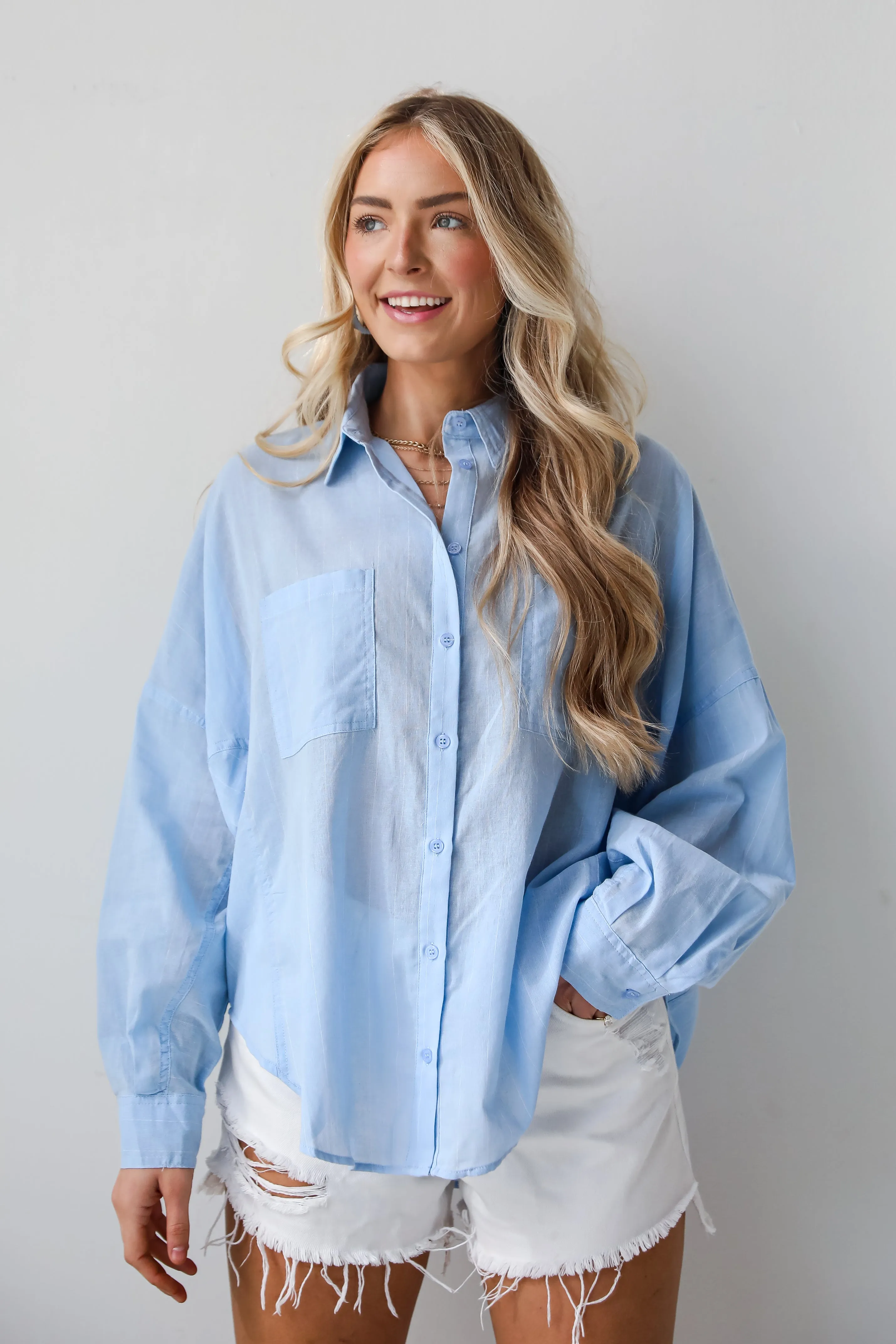 FINAL SALE - Official Trendsetter Pinstripe Oversized Button-Up Blouse