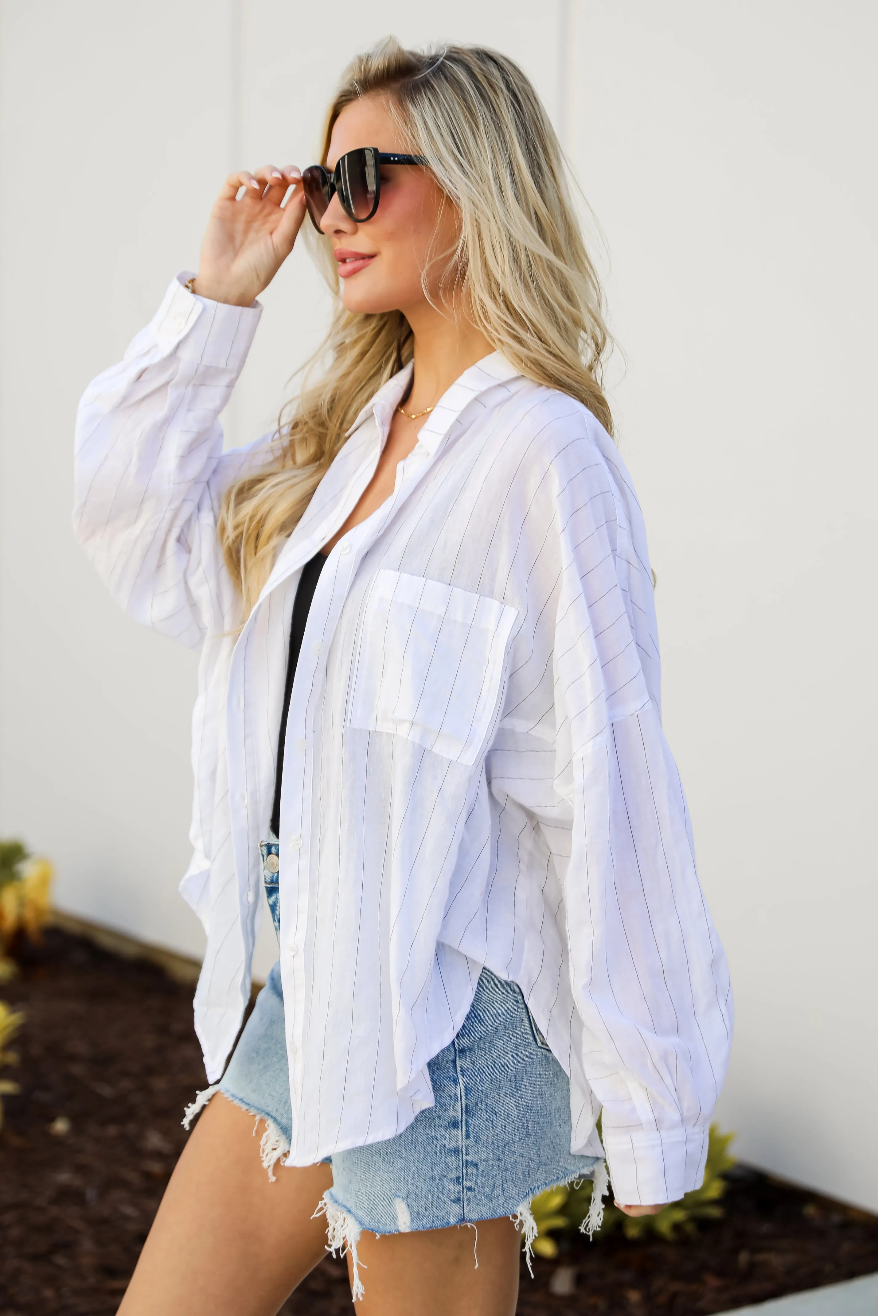 FINAL SALE - Official Trendsetter Pinstripe Oversized Button-Up Blouse