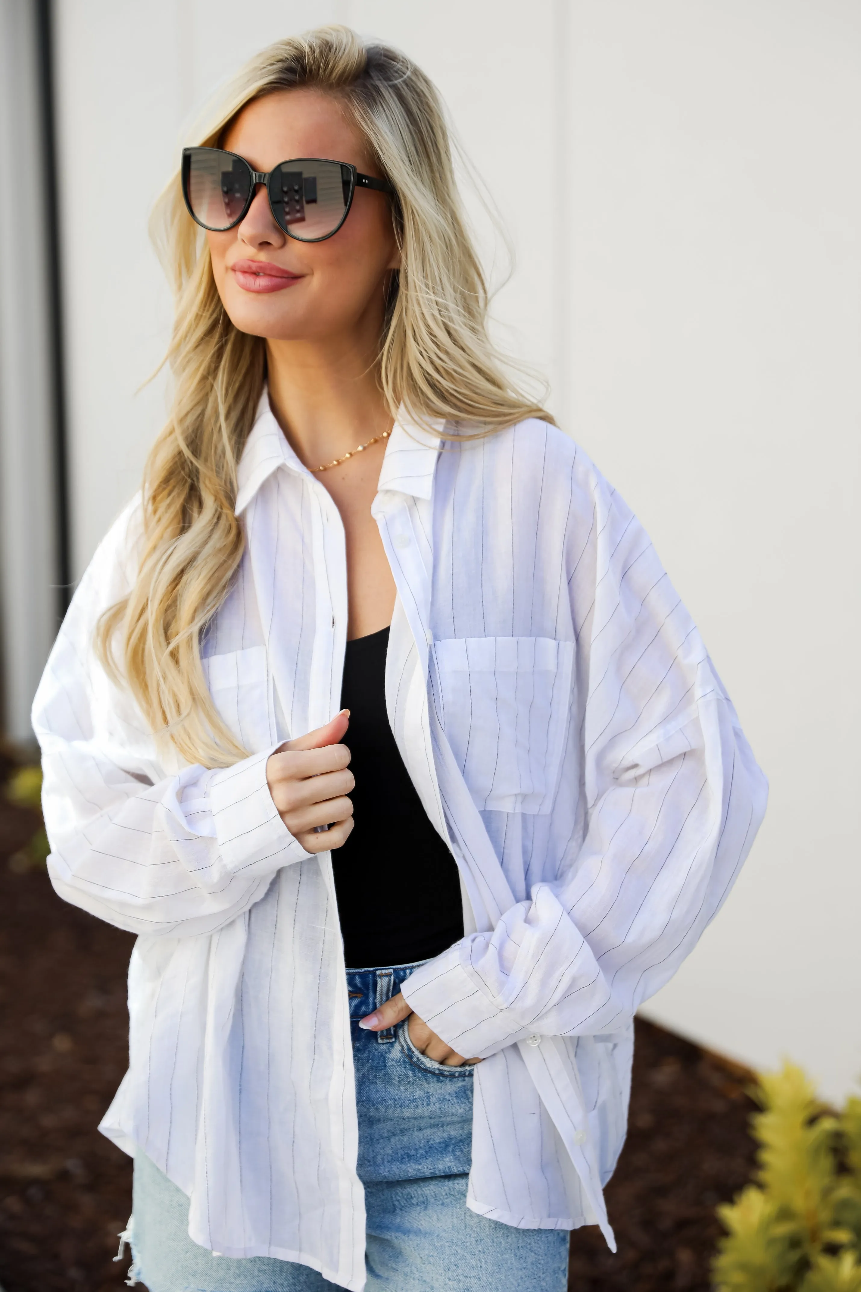 FINAL SALE - Official Trendsetter Pinstripe Oversized Button-Up Blouse