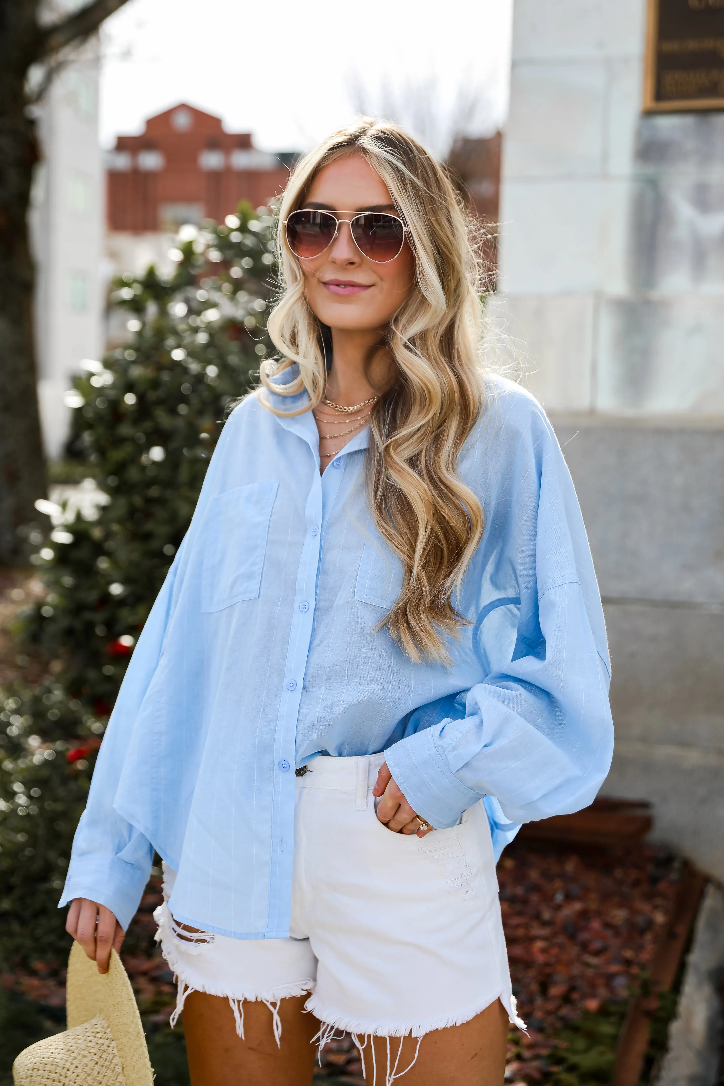 FINAL SALE - Official Trendsetter Pinstripe Oversized Button-Up Blouse